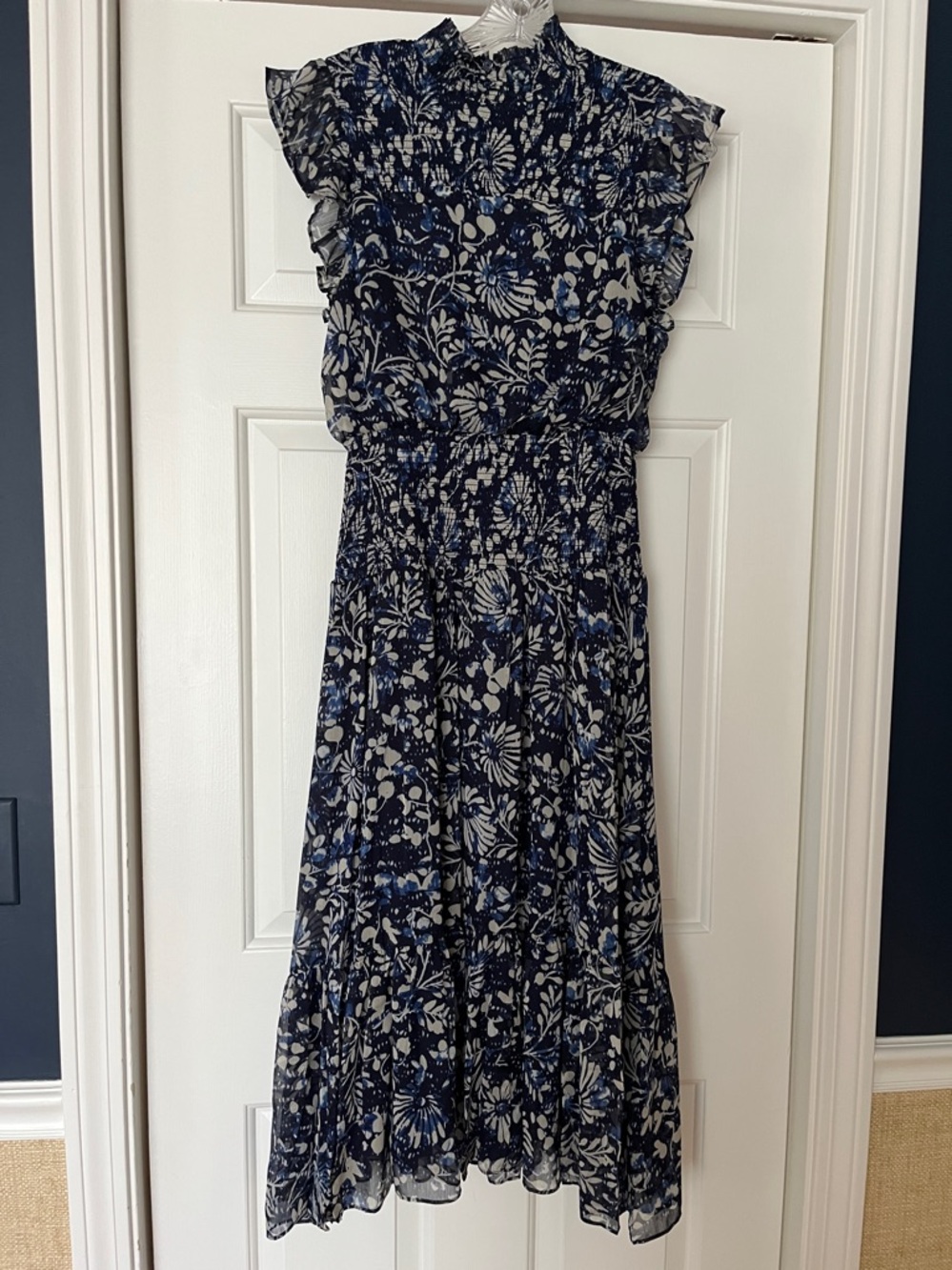 AQUA by Bloomingdale’s Navy and Cream Floral Smocked Midi Dress